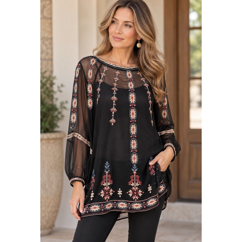 Sundance Silk Black Sheer Boho Embroidered Tunic Top Large RN 106205